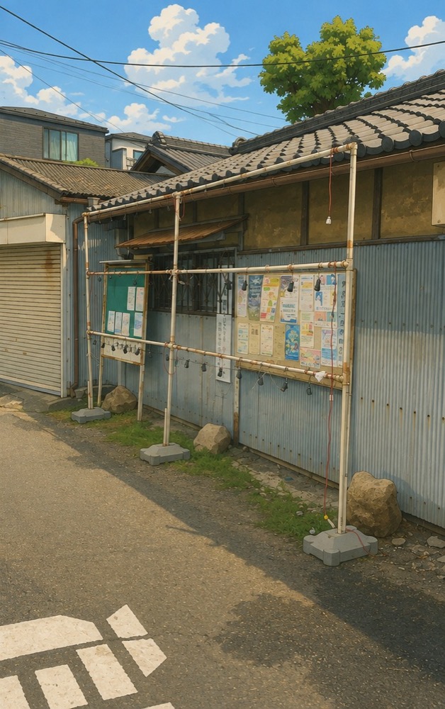 提灯を飾るための金属パイプのラック。掲示物が取り付けられた状態